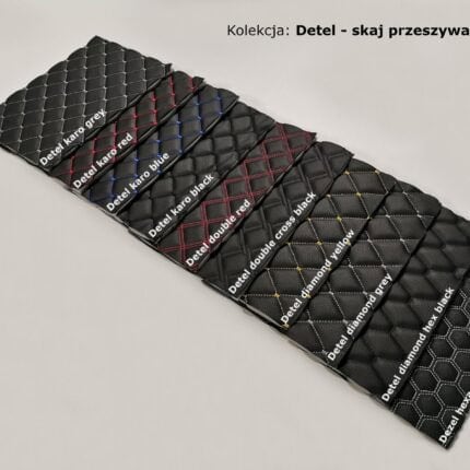 Próbnik skajów kolekcji Detel karo grey red blue black, Detel double red, Detel double cross black, Detel diamond yellow grey, Detel diamond hex black